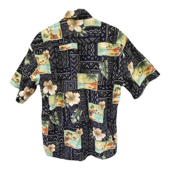 PIERRE CARDIN Hawaiian Shirt Size M Hibiscus Palm Leaves Black Button front - Picture 2 of 6